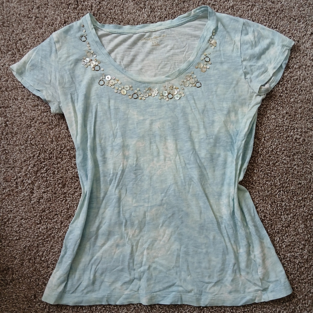 Eddie Bauer Blue Tie Dye Beaded Neckline Top | Boho